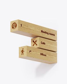 three wooden blocks with the words meeting rooms, cafe and office written on each block