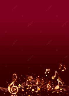 an abstract music background with gold musical notes and sparkles on a dark red background