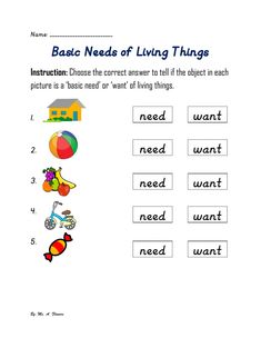 basic needs of living things worksheet with pictures to help students understand what they are doing