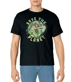 a man wearing a black t - shirt that says save the planet