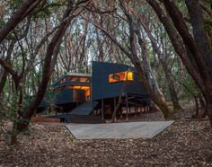 a house in the woods with stairs leading up to it