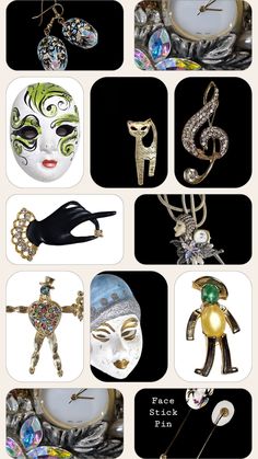 My People An ecclectic collection of figurals Vintage brooches, necklaces, and earrings Make your selection in the drop-down boxes, and Please Read descriptions: Necklace - All repurposed pieces - plastic face brooch, hand painted, rhinestone cap, silver metal/crystals/faux pearls bodice brooch as a slider on a thick cotton silver rope bolo necklace (adjustable), 34" total length. The brooch can be worn separately on it's on.  The watch is fixed in place as it's glued to a metal disc base in the Costume Jewelry Metal Brooches For Gifts, Metal Costume Jewelry Brooches For Gifts, Vintage Metal Brooches For Gift, Vintage Jeweled Brooches For Gifts, Hand Brooch, Ceramic Face, Watch Green, Men's Brooch, Bolo Necklace