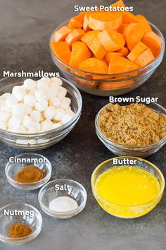 the ingredients to make sweet potato casserole are shown in bowls