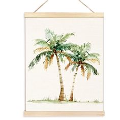 a painting of two palm trees hanging on a wall in front of a white background