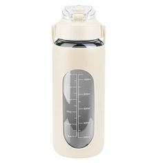 a white water bottle with a measuring scale on it