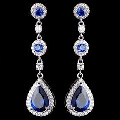 Stunning! Sapphire Blue CZ Drop Wedding and Formal Earrings - Affordable Elegance Bridal - Blue Diamond Bridal Earrings For Wedding, Blue Crystal Dangle Bridal Earrings, Blue Crystal Bridal Earrings With Matching Set, Blue Crystal Bridal Earrings, Formal Blue Crystal Earrings, Dazzling Lab-created Sapphire Jewelry For Wedding, Blue Diamond Bridal Earrings For Formal Events, Blue Diamond Bridal Earrings For Formal Occasions, Blue Cubic Zirconia Crystal Earrings For Wedding