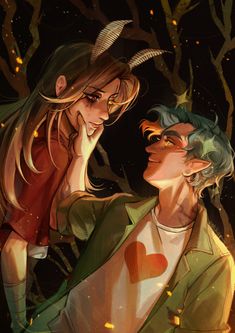 two people standing next to each other in front of trees and fireflies with their faces close together