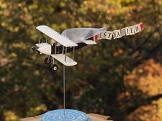 a small model airplane on top of a wooden table in front of trees and foliage