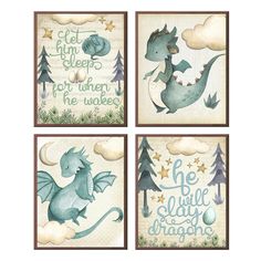 four framed pictures with blue and green dragon designs on them, one is saying let him sleep