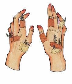 two hands with tattoos on their palms and fingers