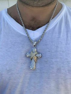 "Men's Custom Made Super Iced Out HEAVY Cross Pendant! Solid 925 sterling silver We have 3 styles! Rhodium finished, two-toned, & 14k yellow gold finished! Color lasts many years!! Measures roughly 2.5\" by 1.5\" ..weighs roughly 25 grams 200 micropaved handset simulated diamonds (CZ) for a total of 3ct! 100% 925 silver...not plated or filled...will NEVER TARNISH OR CHANGE COLOR LISTING IS FOR PENDANT ONLY, CHAIN NOT INCLUDED Bale fits most chains up to 8mm thick!" Sterling Silver Cross Pendant With Polished Finish, Sterling Silver Polished Cross Pendant Jewelry, Sterling Silver Cross Jewelry In White Gold, White Sterling Silver Cross Jewelry, Yellow Gold Sterling Silver Jewelry With Rope Chain, White Gold Sterling Silver Cross Jewelry, White Polished Sterling Silver Jewelry, Fine Jewelry In White Gold With Shiny Finish, Silver Polished Cross Pendant