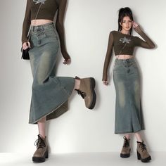 Olivia Mark - Vintage Denim Midi Skirt with Frayed Hem and Flattering Mermaid Silhouette Mark Vintage, Bodycon Midi Skirt, Type Style, Fishtail Skirt, Skirt Denim, Black Pencil Skirt, Mermaid Skirt, Mermaid Silhouette, Denim Midi Skirt