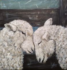 two sheep standing next to each other in front of a wooden fence with black and white paint