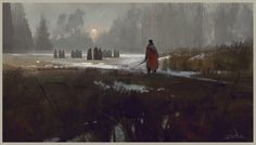 a painting of a person walking in the snow