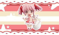 an anime character with pink hair holding a white cat in front of a striped background