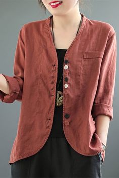 Plus Size-Women's Solid Color Cotton Linen Short Coat Long Sleeve Cardigan Casual V-neck Blazer In Solid Color, Single Breasted V-neck Blazer In Solid Color, Casual V-neck Solid Color Blazer, Single-breasted V-neck Blazer, Solid Single Breasted V-neck Blazer, Casual V-neck Blazer, Single Breasted V-neck Blazer, V-neck Outerwear With Pockets For Spring, V-neck Outerwear With Pockets For Summer