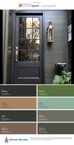 the color scheme for this front door is gray, green, and brown with an open window