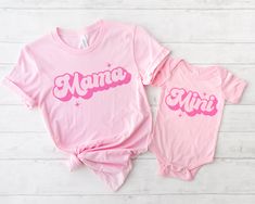 Retro mama and mini matching shirt set.  UNISEX SHIRT - 100% cotton - 52% cotton / 48% polyester for some colors - Bella + Canvas brand - Relaxed fit - Size up for a baggier fit INFANT/ TODDLER/ YOUTH - 52% cotton/ 48% polyester - Bella + Canvas brand Cotton Family Matching Tops Set, Cute Cotton Tops Matching Set, Cute Cotton Tops With Matching Set, Fitted Cotton Matching T-shirt, Retro Cotton Tops With Name Print, Retro Cotton T-shirt With Name Print, Mother's Day Matching Cotton Tops, Cotton Matching Set Tops With Relaxed Fit, Relaxed Fit Cotton Tops Matching Set