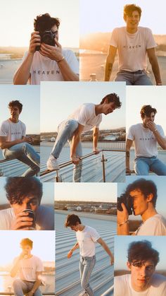 multiple shots of a young man taking a selfie with his cell phone while leaning on a railing