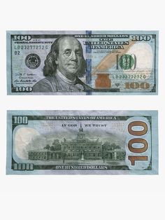 one hundred dollars bill with the image of george washington on it's front and back sides