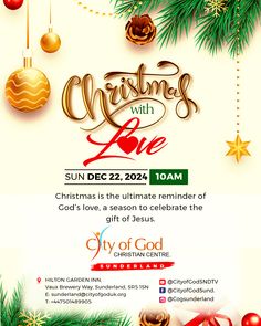 an advertisement for christmas with love on the front and side of a white background, surrounded by holiday decorations