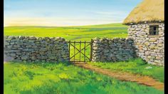 a painting of an old stone house with a gate and grass field in the background