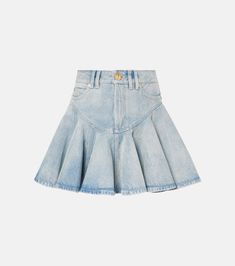 Pleated denim miniskirt in blue - Balmain | Mytheresa Fitted Cotton Denim Mini Skirt, Fitted Mini Denim Skirt, Fitted Washed Denim Mini Skirt, Medium Wash Cotton Mini Denim Skirt, Cotton Mini Length Skort In Medium Wash, Medium Wash Mini Cotton Skort, Chic Medium Wash Cotton Mini Skirt, Light Wash Mini Length Cotton Denim Skirt, Medium Wash Cotton Mini Skirt