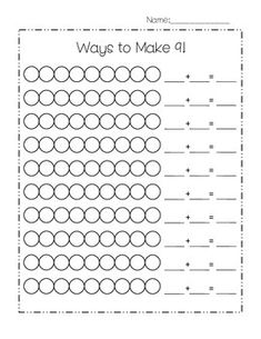 This worksheet will show students all the ways to make 9. Students will use two different colors to color in the circles and then write a number sentence to match the picture. Learning Numbers Preschool, Missing Addend, Math Practice Worksheets, 1st Grade Math Worksheets, Math Groups, Kindergarten Math Activities, 1st Grade Worksheets, Kindergarten Math Worksheets, Teacher Worksheets