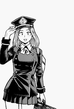 a woman in uniform holding a suitcase and looking at the sky with her hand on her head