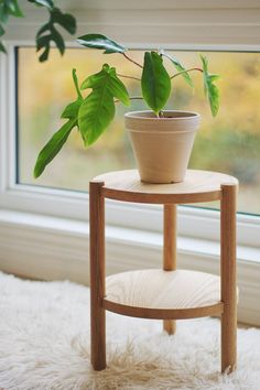 a potted plant sitting on top of a wooden stand in front of a window