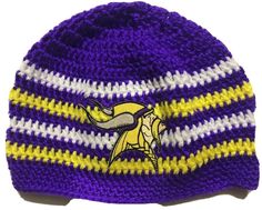 MEN'S ADULT SIZE HANDMADE WITH CARE IN THE USA,    FITS AVERAGE 20" TO LARGER 22" HEAD,    USING  a basic dc crochet BEANIE PATTERN,    MADE WITH SIMPLY SOFT CARON BRAND   -a bright shade of purple, yellow and white color yarn -    WILL GIVE YOU YEARS OF USE!! Minnesota Vikings TEAM COLORS- (and Made in Minnesota!!)   Has ironed on Vikings patch on front! Please note the hat looks more blue than purple but it is bright purple, not showing up well in photos.    I DO HAVE SEVERAL OTHER COLORS OF T Casual Hand Knitted Purple Beanie, Purple Yarn Beanie Hat, Hand Knitted Purple Yarn Hats, Purple Crochet Yarn Hat, Purple Crochet Hat One Size Fits All, Hand Knitted Purple Crochet Hat One Size Fits Most, Hand Knitted Purple Crochet Hat One Size, Purple Crochet Hat One Size, Purple Yarn Cap