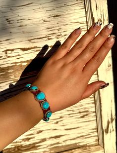 STOP IT!!!! These are seriously my new favorite piece!! 7 Stones all perfectly wrapped on a dark leather band, so cute but so comfy!! Turquoise Leather, Stop It, Leather Band, Leather Bracelet, So Cute, Turquoise, Band, Bracelet, Stone