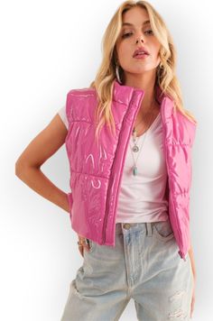 Hey there, fashionista! Get ready to elevate your outerwear game with our Cozy Up Quilted Puffer Zip Crop Vest . This stylish and trendy piece is a must-have addition to your wardrobe. With a shiny finish, this vest exudes a sleek and modern look that is sure to turn heads. The quilted design not only adds a fashionable texture but also provides warmth for those chilly days. With its cropped length and sleeveless design, this vest offers versatility, allowing you to layer it over various outfits Core Outfits, Nostalgia Core, Chic Quilts, Crop Vest, Trendy Outerwear, Quilted Puffer Vest, Womens Puffer Vest, Hannah Montana, Cropped Vest