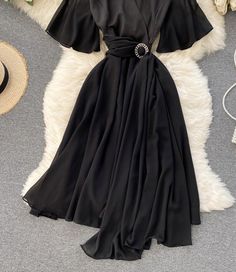 A line v neck chiffon dress fashion dress Fabric: chiffon Color: red, green, black Size(cm): S, M S length 107 bust 86 waist 70 sleeve length 29 M length 108 bust 90 waist 74 sleeve length 30 Solid Color A-line V-neck Party Dress, Elegant Black Midi Dress With Surplice Neckline, A-line V-neck Dress In Solid Color For Party, A-line V-neck Dress For Party, Elegant Solid Color Flowy Midi Dress, Elegant Flowy Solid Color Midi Dress, Elegant Flowy Solid Color Dress, Elegant Flowy Midi Dress Solid Color, Elegant Flowy Midi Dress In Solid Color