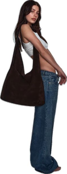 Slouchy Leather Tote, Oversize Outfit, Model Pose, Suede Tote Bag, Oversized Bag, Suede Tote, Bag Ideas, Summer Top, Colored Jeans