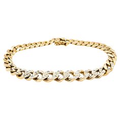 Cuban Link Bracelet With Diamonds In Yellow Gold Introducing this beautiful diamond bracelet, crafted in 14kt gold. It features .50ctw of diamonds that boast SI clarity and a near colorless white hue. This elegant piece is designed with a Cuban link, offering a blend of classic and contemporary style. The bracelet measures 7.5 inches long and varies in width from 5 to 9mm, making it substantial yet versatile enough to be worn alone or layered with other gold pieces. It weighs 21.8 grams, adding Elegant White Gold Cuban Link Diamond Bracelet, Elegant White Gold Cuban Link Bracelet With Diamond Accents, Diamond Cuban Link Bracelet For Formal Occasions, Classic Diamond Cuban Link Bracelet For Formal Occasions, Elegant Cuban Link Diamond Bracelet With Diamond Cut, Elegant Diamond-cut Cuban Link Diamond Bracelet, Classic Cuban Link Bracelet With Diamond Accents, Formal Diamond Cuban Link Bracelet, Elegant Cuban Link Bracelet In Diamond White