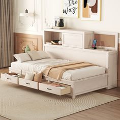 Twin Size Wooden Daybed With 3 Storage Drawers, Upper Soft Board, Shelf, And A Set Of Sockets And USB Ports Soft Board, Full Size Daybed, Wooden Daybed, Sofa Bed Frame, Daybed Design, Wood Daybed, Daybed With Storage, Dorm Bedroom, Beds And Headboards