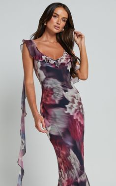 Riley Maxi Dress - Asymmetric Ruffle Detail Maxi Dress in Mariache Rose | Showpo USA Elegant Asymmetrical Maxi Dress With Floral Print, Fitted Maxi Dress With Floral Print And Asymmetrical Neckline, Elegant Asymmetrical Midi Dress With Floral Print, Elegant Fitted One Shoulder Dress With Floral Print, Elegant Fitted One Shoulder Floral Dress, Elegant Floral Print Bodycon Maxi Dress, Chic Asymmetrical Maxi Dress With Ruched Detail, Elegant Asymmetrical Floral Print Maxi Dress, Asymmetrical Ruffled Fitted Maxi Dress