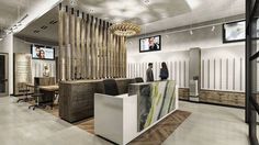 Modern Optometry Office, Optometry Office Design, Optometry Practice, New England College, Bamboo Chandelier, Marble Desk, Vision Therapy, Optical Design