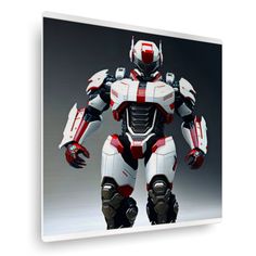 the robot suit is standing in front of a black background with white and red accents