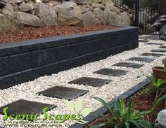 an outdoor garden with stepping stones and gravel