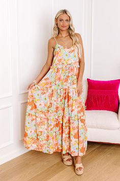 - Step out in this vibrant dress! - Material with a colorful abstract floral print - A v-cut neckline - An elastic back detail - Adjustable spaghetti straps - A built-in bust lining - Ruffle detailing - A flowy yet flattering silhouette that ends in a maxi length hemline Measurements S : Bust 34", Hip 52", Length 46", Waist 44". M : Bust 36", Hip 54", Length 47", Waist 46". L : Bust 38", Hip 56", Length 47", Waist 48". Orange Vacation Dress With Adjustable Straps, Orange Dress With Adjustable Straps For Vacation, Orange Spaghetti Strap Lined Dress, Orange Beach Dress With Adjustable Straps, Multicolor Spaghetti Strap Sundress For Spring, Multicolor Sundress With Spaghetti Straps For Spring, Multicolor Sundress With Vibrant Print For Brunch, Spring Multicolor Maxi Dress With Adjustable Straps, Orange Sundress With Adjustable Straps For Spring