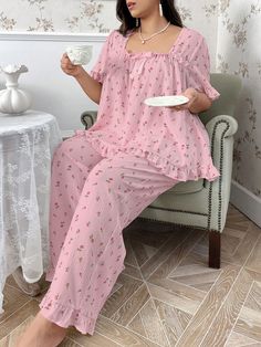 Women's Pajama Sleepwear Set With Small Rose Printed Square Collar And Bow Tie Pink Cute    Plants,All Over Print Pant Sets Non-Stretch All Women Plus Sleep and Lounge, size features are:Bust: ,Length: ,Sleeve Length: Matching Pj Sets For Couples, Plus Size Pjs Pajamas For Women, Dollete Pajamas, Sewing Pajamas Women Free Pattern, Cute Pajamas Pink, Plus Size Pajamas Set, 1920s Pjs, 1940s Pjs, Sleeping Outfits For Women