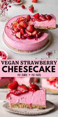 vegan strawberry cheesecake with no bakes and no nuts on the side, topped with fresh strawberries