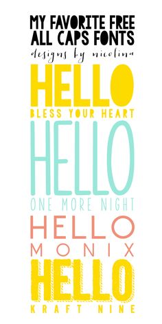 a poster with the words hello written in different colors and font styles, including one for each