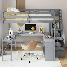 a loft bed with desk underneath it