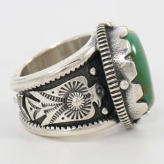 Heavy Gauge Sterling Silver Ring with Applique Designs and set with Natural Royston Turquoise from Arizona. Ring Size: 12.5.75” Setting Width, 1” Setting Height.5” - .875” Band Width Zuni Jewelry, Concho Belt, Navajo Jewelry, Royston Turquoise, Native Jewelry, Pendant Rings, Black Stone, Applique Designs, Art Clothes