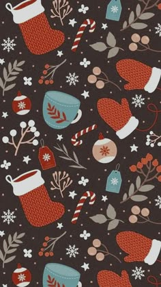 a christmas pattern with stockings, mitts and candy canes on a black background