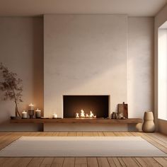 a living room with a fire place and candles on the fireplace mantel in front of it