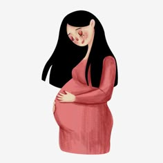 a pregnant woman with long black hair wearing a pink dress and holding her belly up